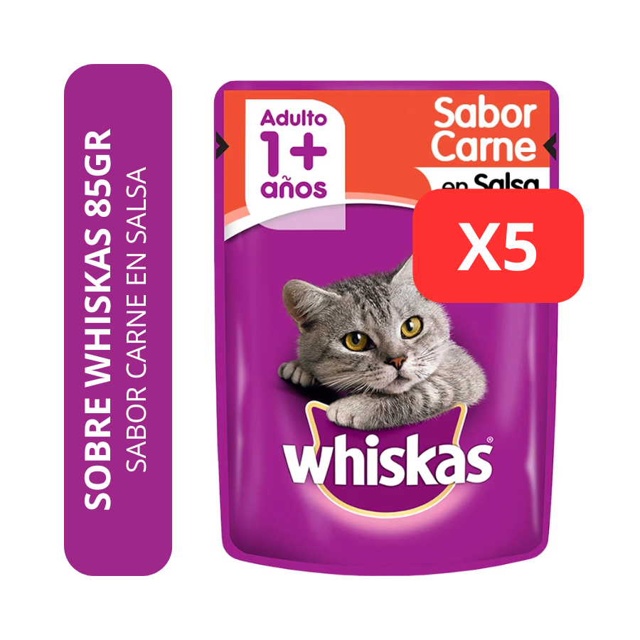 Whiskas Sobre Pouch Gato Adulto Carne 85g X5 Unidades | Alimento Húmedo en Salsa